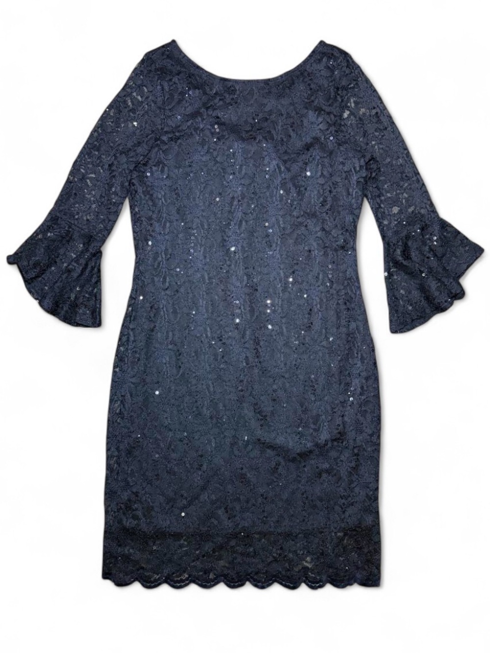 NWT NEIMAN MARCUS Navy Blue Sequin Lace Cocktail Dress Bell Sleeve Sheath Midi